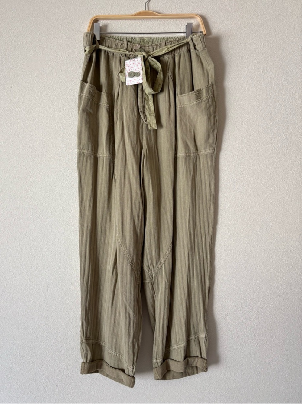 Free People Olive Green Wide-Leg Tie-Waist Trousers